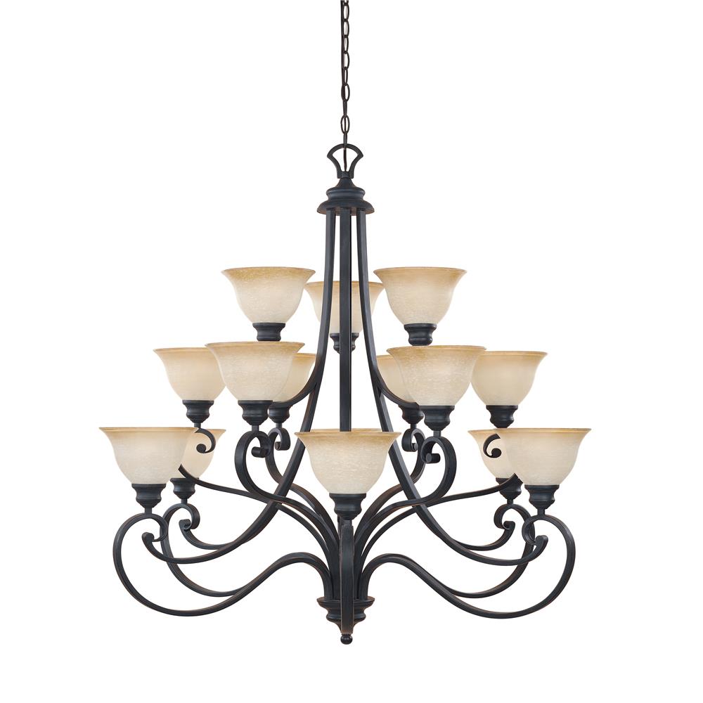 Designers Fountain 961815-NI 3 Tier chandelier, with 10 ft of chain. in Natural Iron (Ochere Glass)